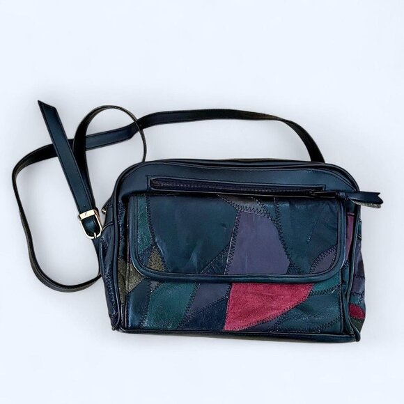 Vintage 90s Maggie Lawrence Patchwork Leather Crossbody Bag Boho Shoulder Purse - Picture 1 of 10